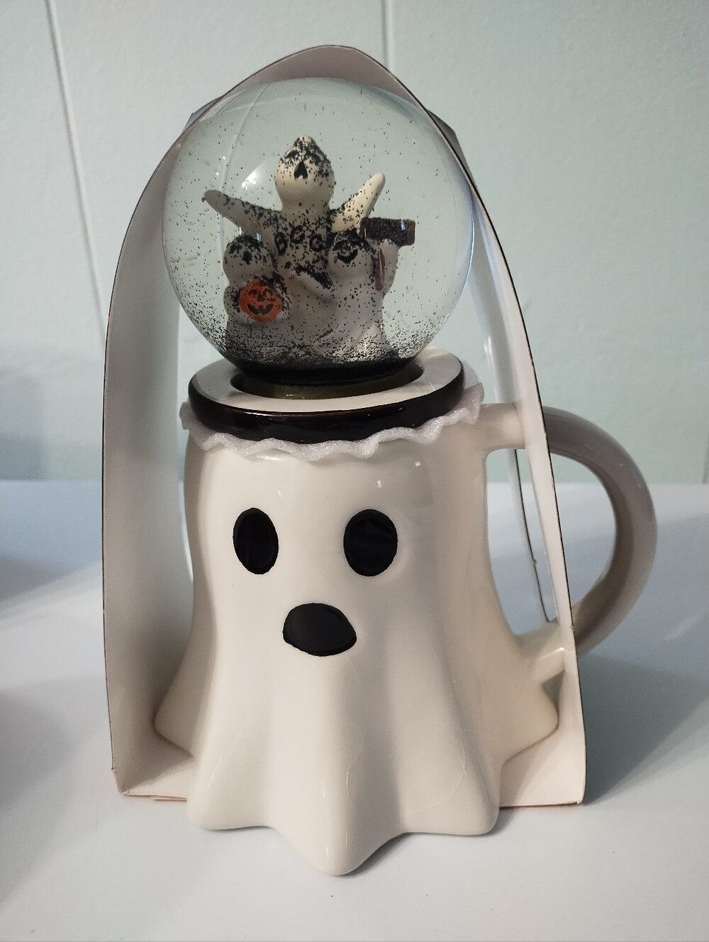 New Home Essentials White Ghost Mug with Snowglobe Topper Lid